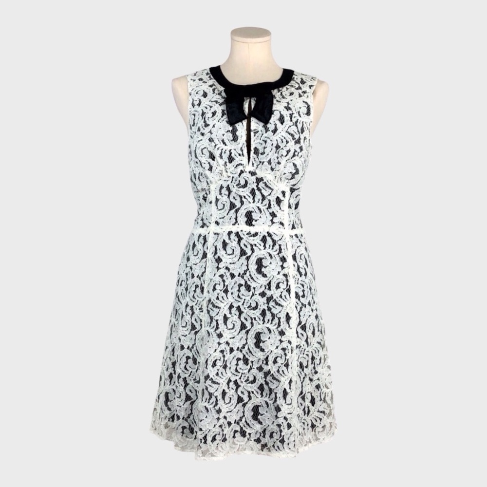 Victorias Secret White Lace Fit & Flare Dress with Black Bow and Keyhole Back
